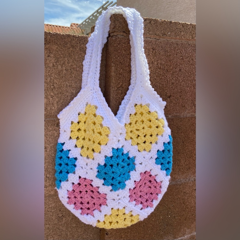 New Handmade Crochet Granny Square Tote bag, Pastel and White Hobo Market bag